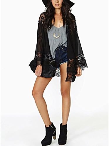 Women's Gypsy Lace Spliced Chiffon Flare Long Sleeve Kimono Top Blouse Cardigan (L)