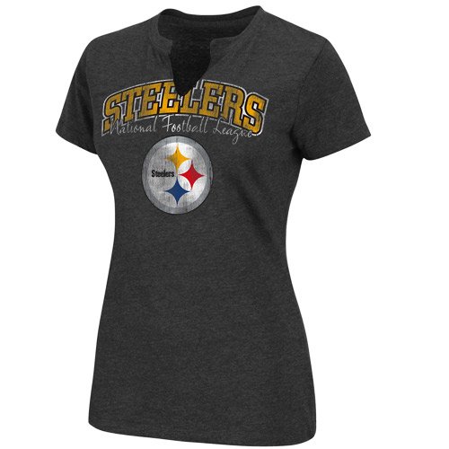 NFL Women's Pittsburgh Steelers Champion Swagger II Short Sleeve Split Crew Neck Heather Tee (Charcoal Heather, Large)