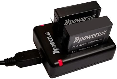 High-Performance GoPro HERO 4 Battery Set (2-Pack) and Dual Charger (AHDBT-401, AHBBP-401 Updated Gen4 Version)** PowerSuit® Lifetime Warranty**