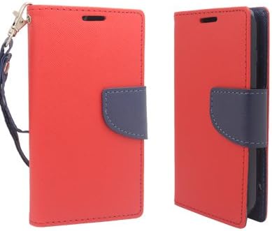 LG Optimus L90 D415 (T-Mobile Version) - Red & Dark Blue PU Leather Wallet Magnetic Closing Flip Cover Case + ATOM LED Keychain Flashlight