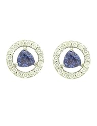 14K White Gold Stud Earring Round Shape With Blue Tanzanite CZ Accented Earring