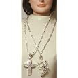 Set of Two Sterling Silver Long Chain Charm Necklace One with Cross Pendant and One with Basket Ball Hoop Pendant Cheap