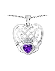 Celtic Love By Kelly (tm) Celtic Knot Irish Heart Claddagh Pendant with Heart Shape Simulated Amethyst in 925 Sterling Silver