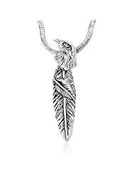 925 Sterling Silver Eagle and Feather Oxidized Pendant with Rhodium Plated Chain Necklace w/ Lobster clasp 18"