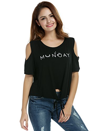 Zeagoo Women's Short Sleeve Cold Shoulder Lace-Up Letter Print Casual Crop Tops