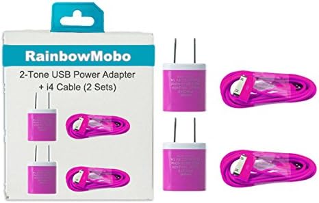 RainbowMOBO (TM) Set of 2 x 6 Ft. 30 Pin Charge & Sync Cable + 2 x 2-Tone AC Power Adapter for iPhone 4/4s (Rainbow Hot Pink)