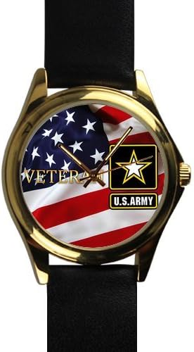 Special Design Military Veteran US Army and American Flag Unisex Silver-tone Round Metal Watch, Metal watch with black leather watchband