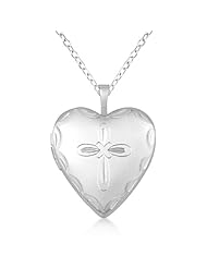 Heart Shaped Photo Locket Necklace w/ Cross Design Sterling Silver