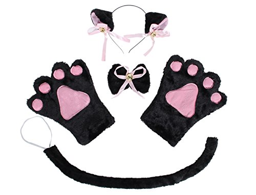 JustinCostume Cat Cosplay Set Ears Tail Collar Paws, Black