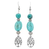Tree of Life Dangle Earrings in Sterling Silver with Turquoise Gemstone Beads, #7499