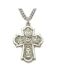 .925 Sterling Silver Engraved Four Way Medal Pendant Necklace Catholic Jewelry Four Way Patron Saint Medal Pendant Catholic