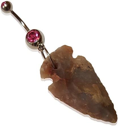 Arrowhead Belly Button Navel Ring With Hand Crafted Agate Chipped Stone/14 Gauge 316L Surgical Stainless Steel Barbell With Pink Rhinestone Charm