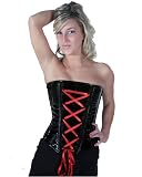 Gothic Black PVC Steel Boned Overbust Corset With Red Fishnet Overlay Front Decorative Lacing Shaper Corset LVG9205