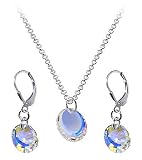 Clear AB Swarovski Crystal Sterling Silver Earrings 16 18 20 22 24 30 1 MM Rolo Chain Necklace Jewelry Set with Spring Ring Clasp