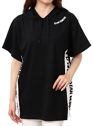 大きいサイズ レディース サイドロゴプリント入りノースリ ロングパーカー 半袖 体型カバー