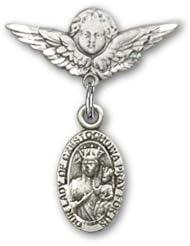 Sterling Silver Baby Badge with Our Lady of Czestochowa Charm and Angel with Wings Badge Pin