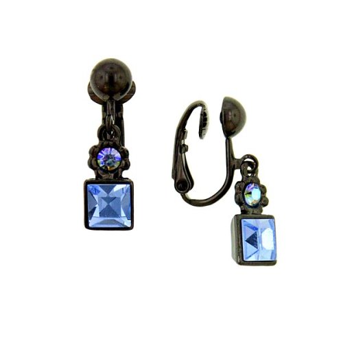 Square Drop Jet and Sapphire Tone Earrings Clip On