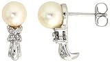 10k White Gold 9/16 (14mm) tall Earrings, w/ 0.10 Carat Round Brilliant Diamonds & 6.5mm Pearls