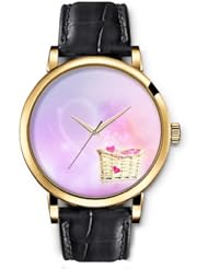 SPRAWL Aanalog Fashion Series Gold Ladies Watches of Genuine Black Leather Strap,Unique Wrist Watch for Women Girls Designed with Basket of Hearts
