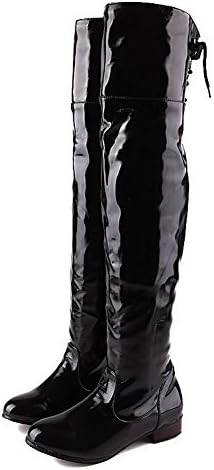 VogueZone009 Womens Round Closed Toe Low Heels PU Patent Leather Solid Boots with Bandage Square Heels, Black, 8.5 B(M) US