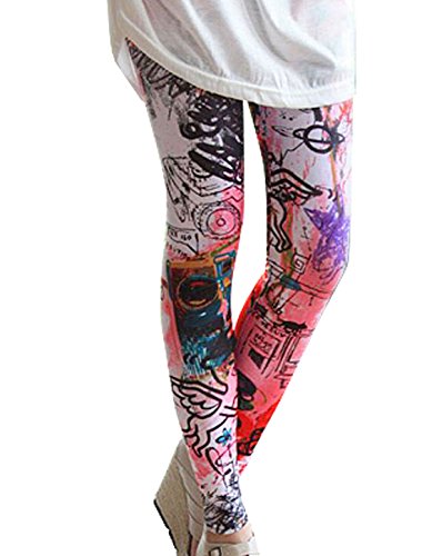 Allegra K Women Elastic Waist Cartoon Graffiti Skinny Leggings Footless Tights