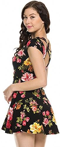 Sassy Apparel Womens Floral Print Cross Back Cut-out Cap Sleeve Skater Dress (Medium, Black)