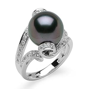 Tahitian Black Pearl Ring with Diamonds in 14K White Gold by