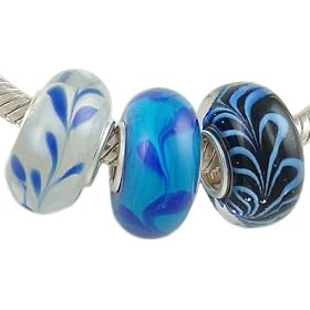 3 Blue Murano Style Beads with Solid Sterling Silver Core for European Charm Bracelet
