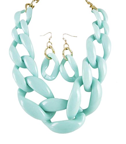 Chunky Bold Thick Flat Square Acrylic Goldtone Necklace and Earrings, 19+3