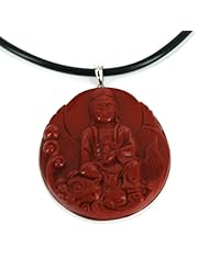 Red Jasper Kuan Yin Pendant with Sterling Silver Frame - 50x44mm Dimension - Rubber Cord Necklace Included