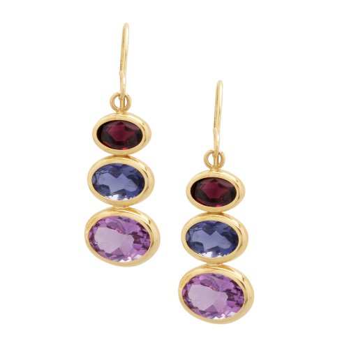 14k Yellow Gold Garnet, Iolite and Amethyst Drop Earrings