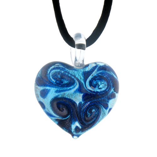 Blue Murano Glass Heart w/ Pure Platinum Leaf on 18 Silk Cord