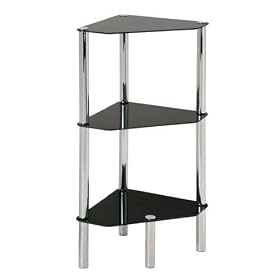 PRIMES Black Glass Chrome and Steel 3 Tier Corner Table Shelf Unit