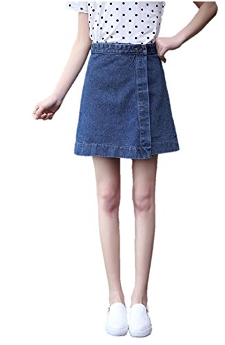 レディース デニムミニスカート ラップスカート風 クラシカル 台形スカート ウエストボタン ウエストサイズ調整可 オリジナルアクセサリー付属 OYT020
