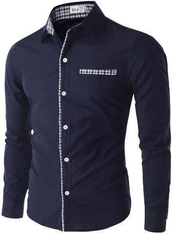 Doublju Men Stylish Checkd Pattern Long Sleeve Dress Shirt NAVY,XS