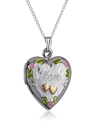 Sterling Silver Tricolor "Mom" Heart Locket with Double Hearts Pendant Necklace , 18"