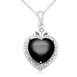 10k White Gold Heart-Shaped Onyx w  Diamonds Heart Pendant, 18