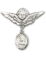 Sterling Silver Baby Badge with St. Joshua Charm and Angel with Wings Badge Pin