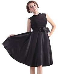 A-line Satin High-Neck Sleeveless Lace  Cocktail Knee Length Natural   Waistline  Dress With a Bow(s)