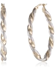 14K Yellow and White Gold Twisted Diamond Cut Oval 0.69mm Hoop Earrings