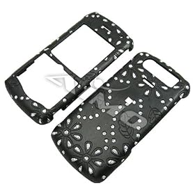 BLACK LEATHER CRYSTAL FLOWERS design for Blackberry Pearl 2 8110 8120 8130 snap on cover faceplate (many other designs available!)
