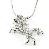 Beautiful Horse Jumping Ice Crystal Charm Necklace Silver Tone 