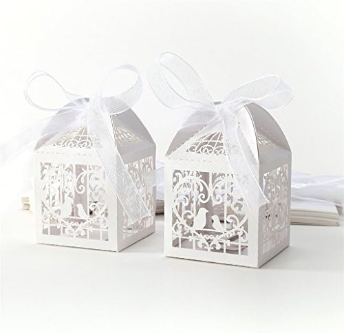 Sugawin 50Pcs Love Birds wedding boxe Candy Box with Ribbons Wedding Party - White