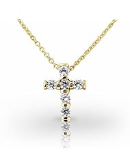 14KT Yellow Gold Petite Bar Set Round Brilliant Diamond Cross Pendant. 3/8 CTW