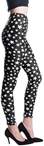 Full Ankle Women's Pattern Lined Leggings Pants, BLACK WHITE STARS
