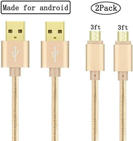 Micro USB Cable,2 Pack 3FT/1M Nylon Braided Tangle-Free High Speed Data Sync &amp; Charging Cord with Al Connector for Android Samsung Galaxy HTC Sony and More (Gold)