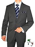 Gino Valentino Made in Italy Wool / Silk Mens Suit 150's Hand Made 2 Button Canvas Front Jacket with Ticket Pocket Hand Pick Stitching Flat Front Pants Custom Working Buttonholes Business Suit Charcoal Gray Pinstripe