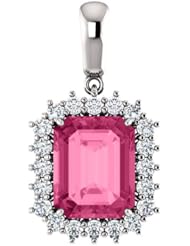 18K White Gold 10.00x8.00mm Emerald Cut Pink Tourmaline and Diamond Pendant -- LIFETIME WARRANTY
