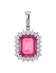 10K White Gold 10.00x8.00mm Emerald Cut Pink Tourmaline and Diamond Pendant -- LIFETIME WARRANTY