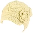 Hand Knit Winter Cable Crochet Flower Visor Beanie Skull Ski Snow Cap Hat Beige